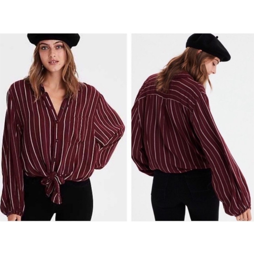 American Eagle Button Down Tie Front Top Maroon Size S